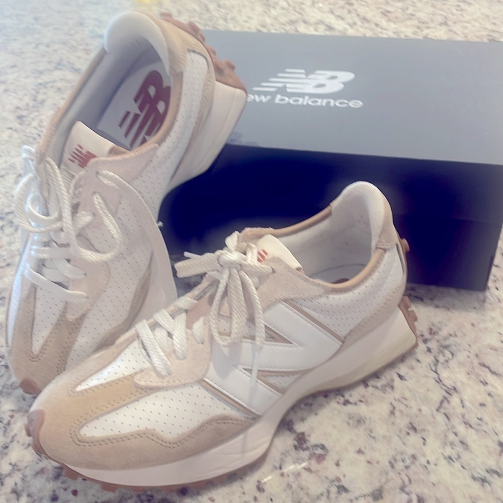New Balance 327 White and Tan Sneakers with Chunky Silhouette